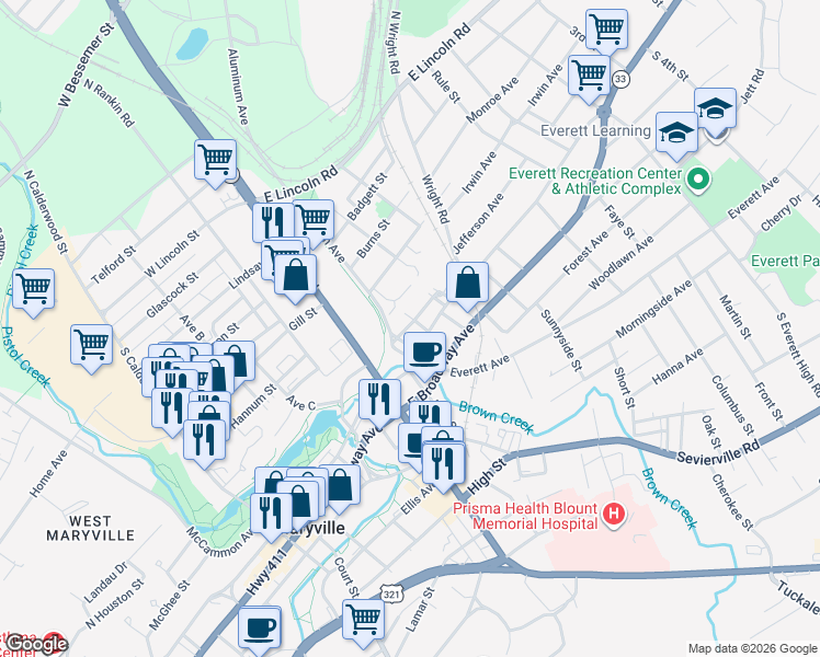 map of restaurants, bars, coffee shops, grocery stores, and more near 903 Hotel Avenue in Maryville