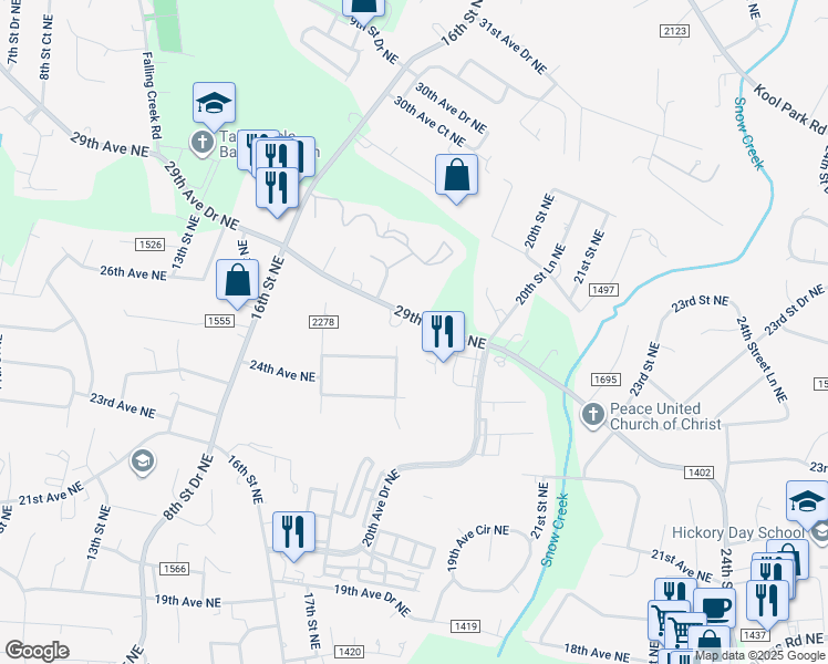 map of restaurants, bars, coffee shops, grocery stores, and more near 1810 29th Avenue Drive Northeast in Hickory