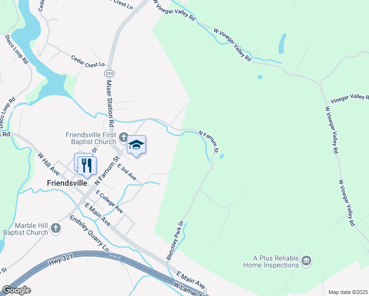 map of restaurants, bars, coffee shops, grocery stores, and more near 524 North Farnum Street in Friendsville
