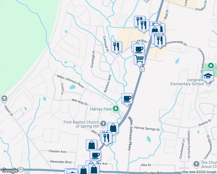 map of restaurants, bars, coffee shops, grocery stores, and more near 1000 Spruce Ridge Lane in Spring Hill