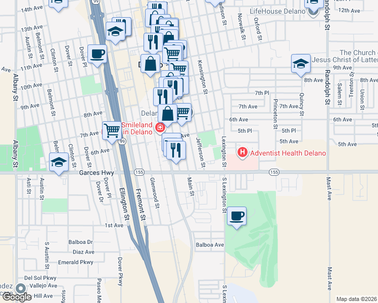 map of restaurants, bars, coffee shops, grocery stores, and more near 504 Main Street in Delano