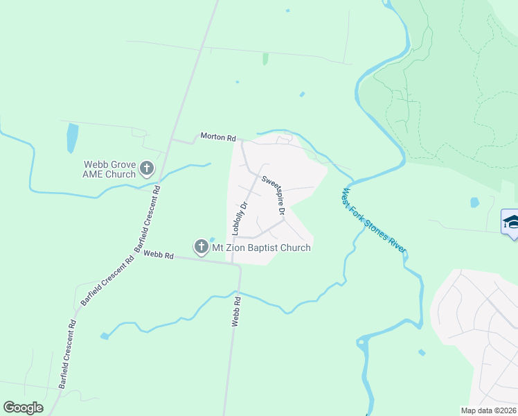 map of restaurants, bars, coffee shops, grocery stores, and more near 1202 Loblolly Drive in Murfreesboro