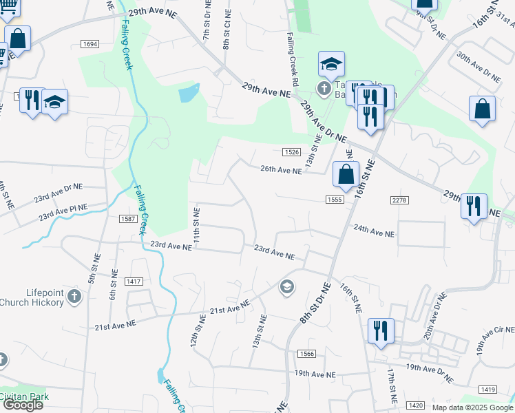 map of restaurants, bars, coffee shops, grocery stores, and more near 2340 13th St Dr NE in Hickory