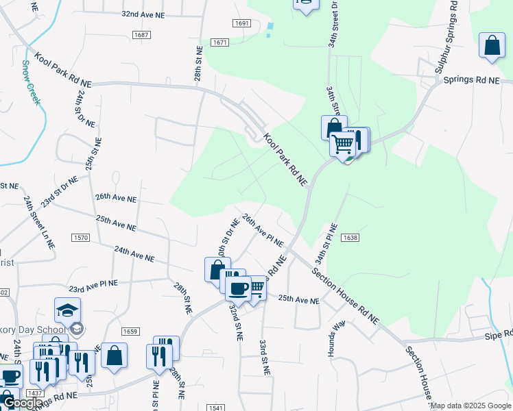map of restaurants, bars, coffee shops, grocery stores, and more near 2651 31st Street Court Northeast in Hickory