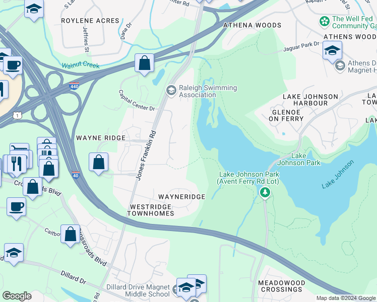 map of restaurants, bars, coffee shops, grocery stores, and more near 1221 Trillium Circle in Raleigh