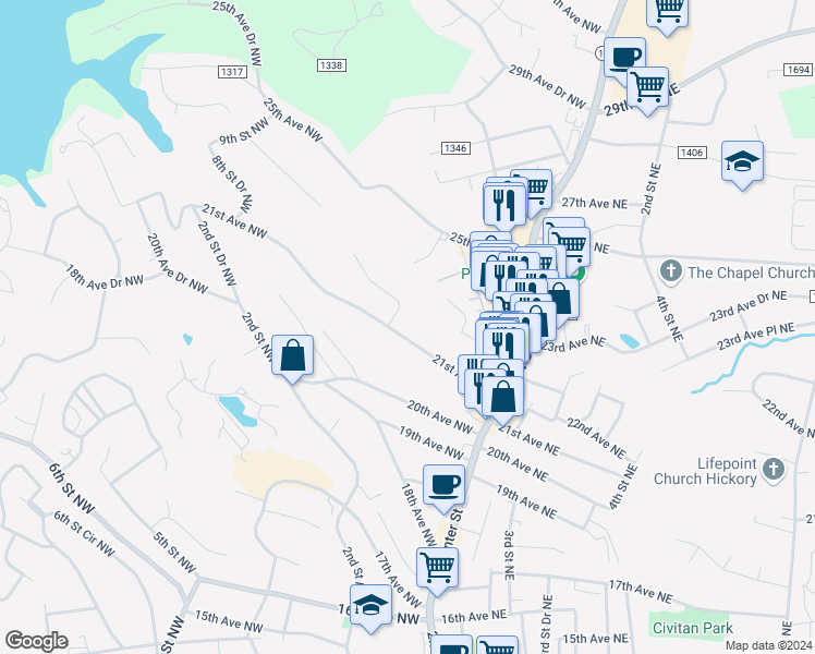 map of restaurants, bars, coffee shops, grocery stores, and more near 146 21st Avenue Northwest in Hickory