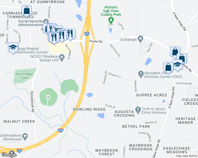 map of restaurants, bars, coffee shops, grocery stores, and more near 3930 Dowling Haven PIace in Raleigh