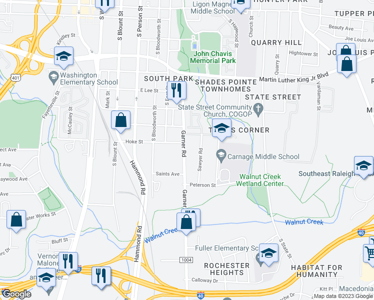 map of restaurants, bars, coffee shops, grocery stores, and more near 1409 Garner Road in Raleigh
