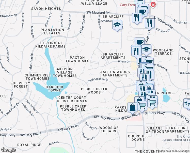 map of restaurants, bars, coffee shops, grocery stores, and more near 111 Winners Circle in Cary