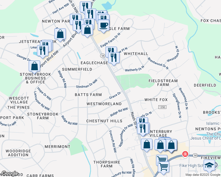 map of restaurants, bars, coffee shops, grocery stores, and more near 3005 Canal Drive Northwest in Wilson