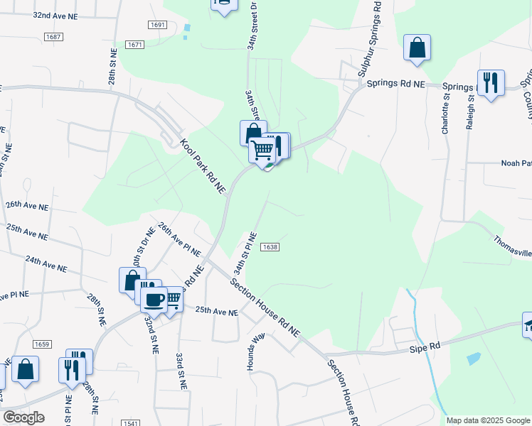 map of restaurants, bars, coffee shops, grocery stores, and more near 2750 34th Street Place Northeast in Hickory