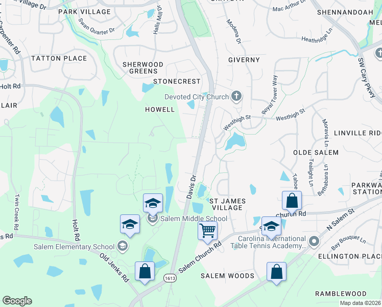 map of restaurants, bars, coffee shops, grocery stores, and more near 1301 Davis Drive in Apex