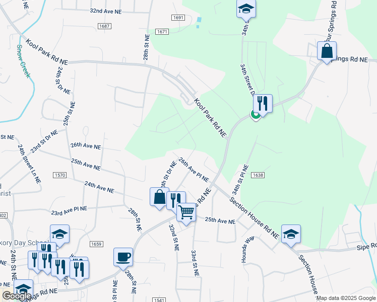 map of restaurants, bars, coffee shops, grocery stores, and more near 2651 31st Street Court Northeast in Hickory