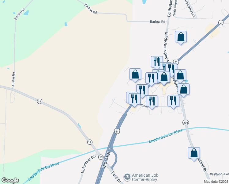 map of restaurants, bars, coffee shops, grocery stores, and more near 449 Robeson Street in Ripley