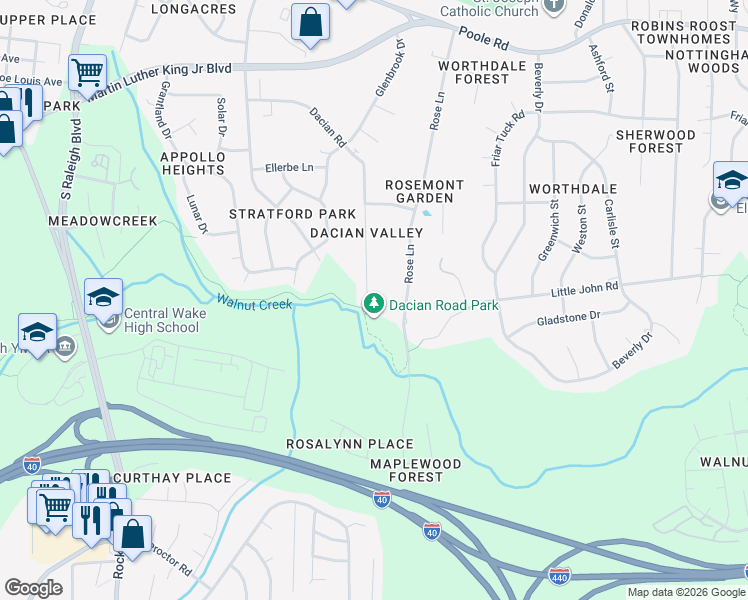 map of restaurants, bars, coffee shops, grocery stores, and more near 563 Dacian Road in Raleigh