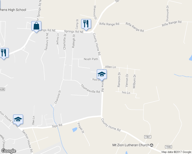 map of restaurants, bars, coffee shops, grocery stores, and more near 1776 Rad Drive in Conover