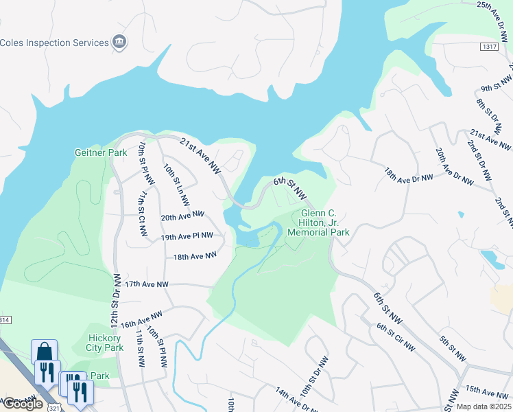 map of restaurants, bars, coffee shops, grocery stores, and more near 2239 6th Street Northwest in Hickory
