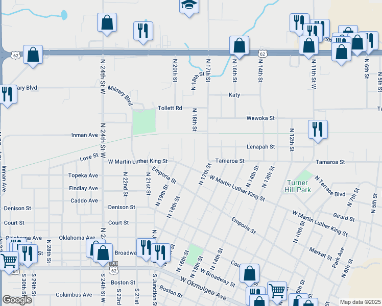map of restaurants, bars, coffee shops, grocery stores, and more near 821 North 18th Street in Muskogee