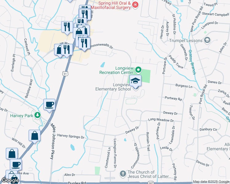 map of restaurants, bars, coffee shops, grocery stores, and more near 2096 Morton Drive in Spring Hill