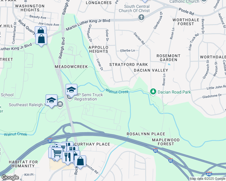 map of restaurants, bars, coffee shops, grocery stores, and more near Walnut Creek Trail in Raleigh