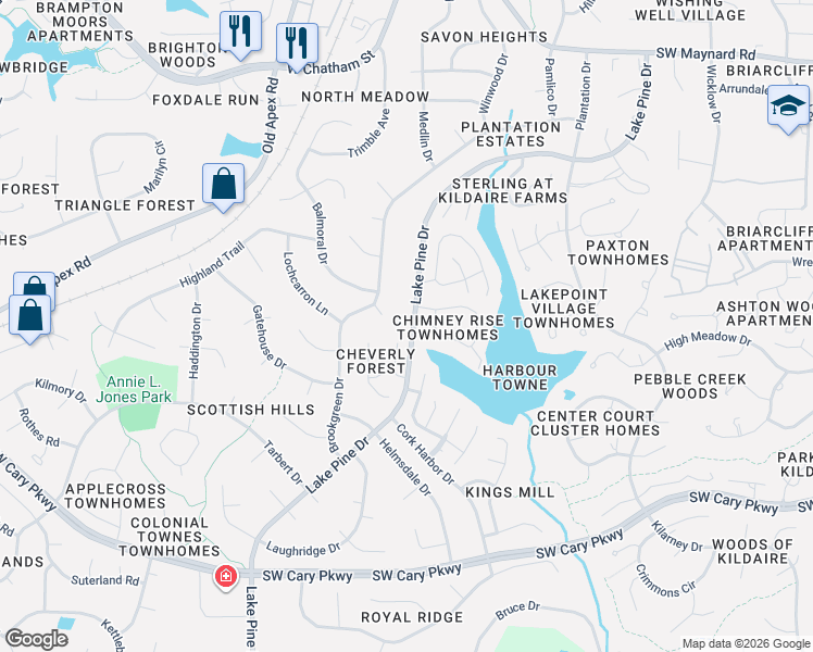 map of restaurants, bars, coffee shops, grocery stores, and more near 103 Cambrian Way in Cary