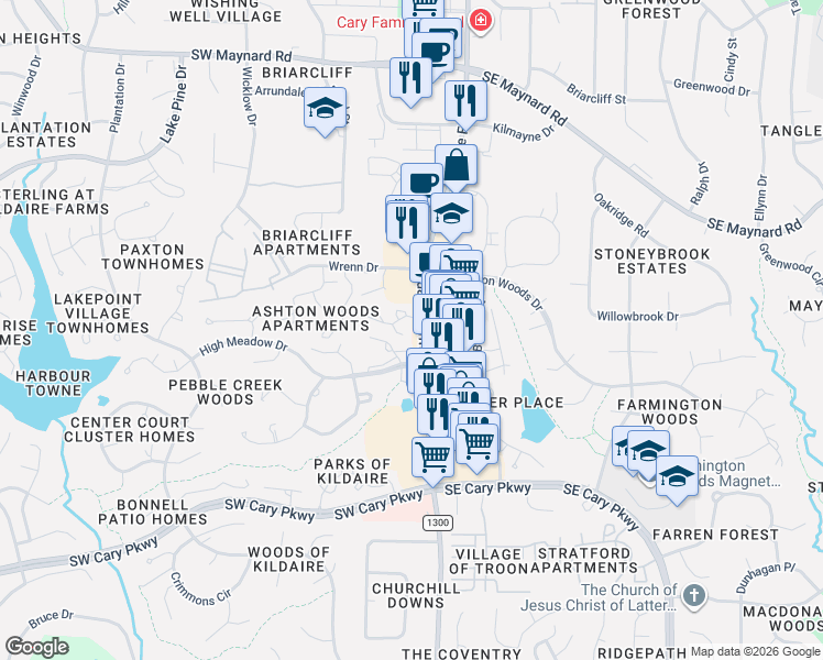 map of restaurants, bars, coffee shops, grocery stores, and more near 105 Charter Oaks Circle in Cary