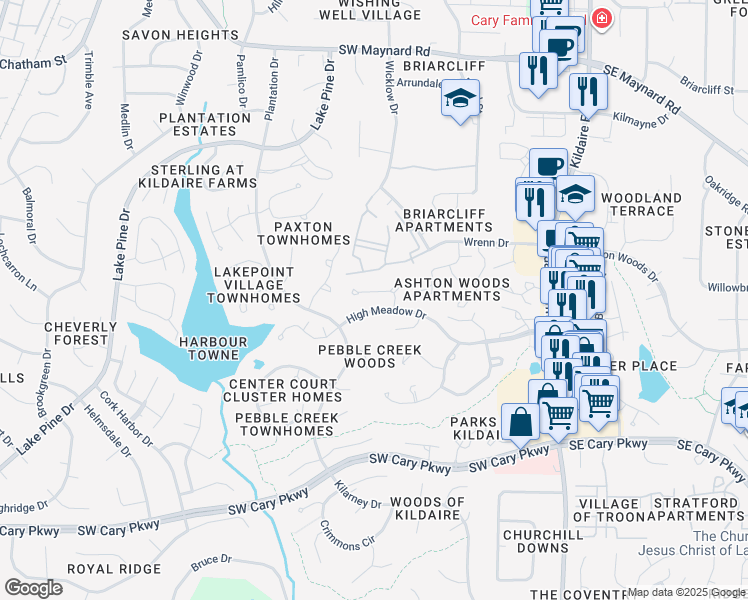 map of restaurants, bars, coffee shops, grocery stores, and more near 111 Winners Circle in Cary