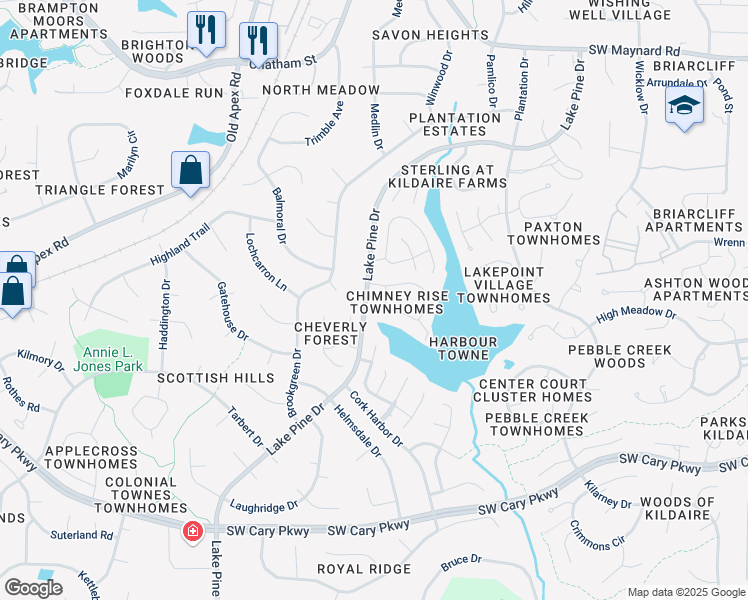 map of restaurants, bars, coffee shops, grocery stores, and more near 218 Chimney Rise Drive in Cary
