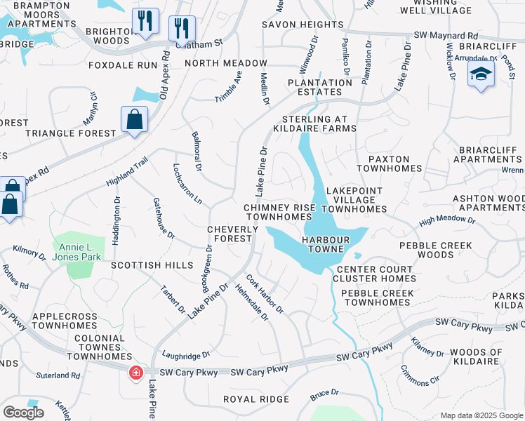 map of restaurants, bars, coffee shops, grocery stores, and more near 218 Chimney Rise Drive in Cary