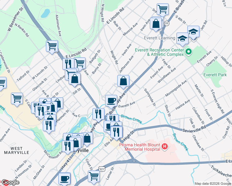 map of restaurants, bars, coffee shops, grocery stores, and more near 1004 East Harper Avenue in Maryville