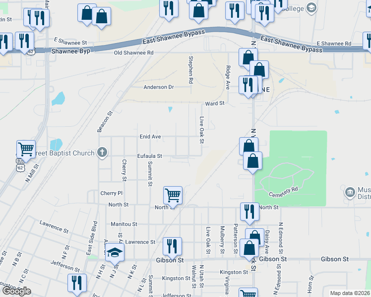 map of restaurants, bars, coffee shops, grocery stores, and more near 1633 Walnut Street in Muskogee
