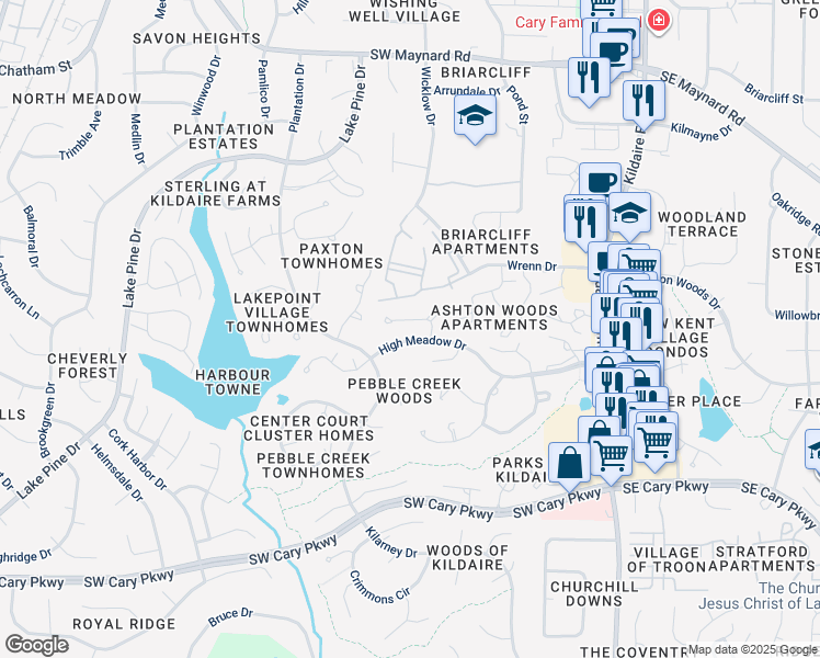map of restaurants, bars, coffee shops, grocery stores, and more near 119 Winners Circle in Cary