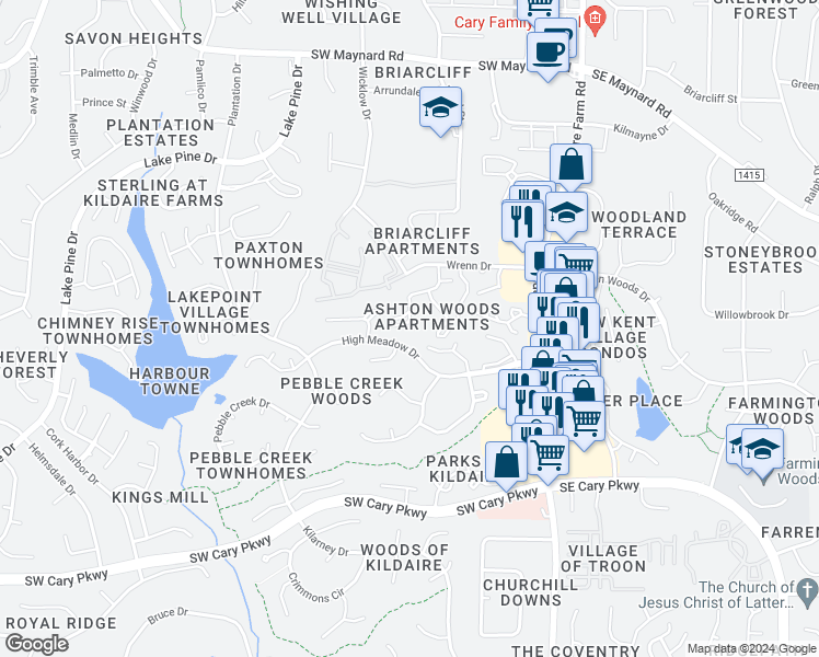 map of restaurants, bars, coffee shops, grocery stores, and more near 303 Dahlia Place in Cary