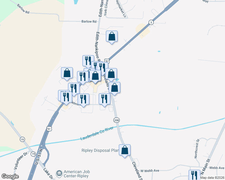 map of restaurants, bars, coffee shops, grocery stores, and more near 329 Cleveland Street in Ripley