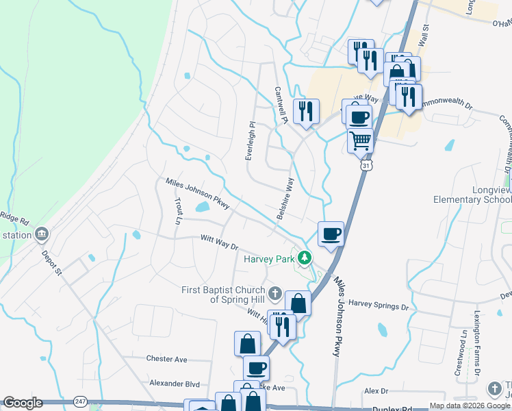 map of restaurants, bars, coffee shops, grocery stores, and more near 1009 Spruce Ridge Ln in Spring Hill