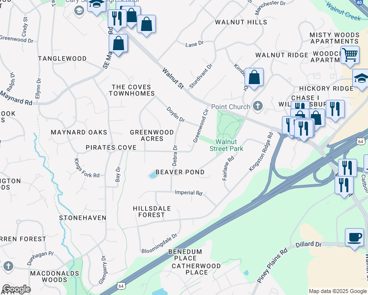 map of restaurants, bars, coffee shops, grocery stores, and more near 909 Greenwood Circle in Cary