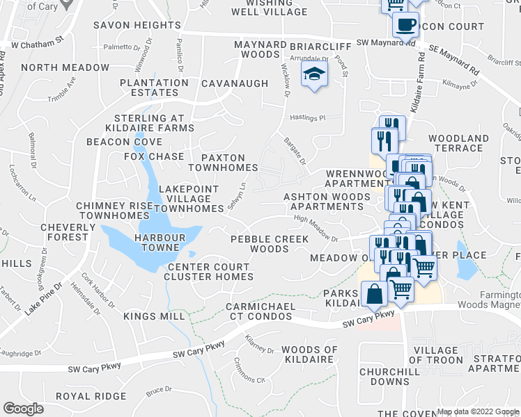 map of restaurants, bars, coffee shops, grocery stores, and more near 139 Winners Circle in Cary