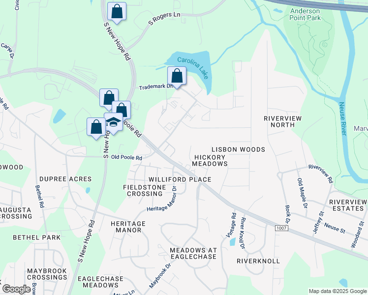 map of restaurants, bars, coffee shops, grocery stores, and more near 1308 Broken Branch Court in Raleigh