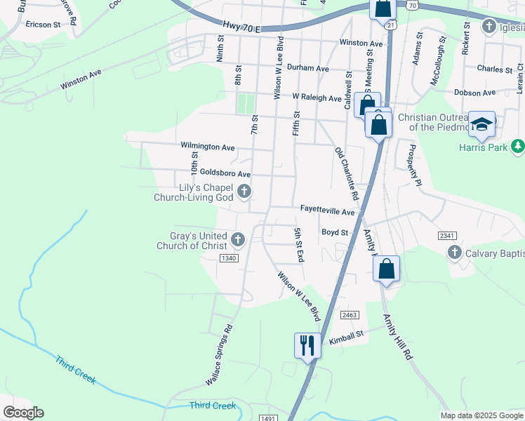 map of restaurants, bars, coffee shops, grocery stores, and more near 1600 Wilson W Lee Boulevard in Statesville