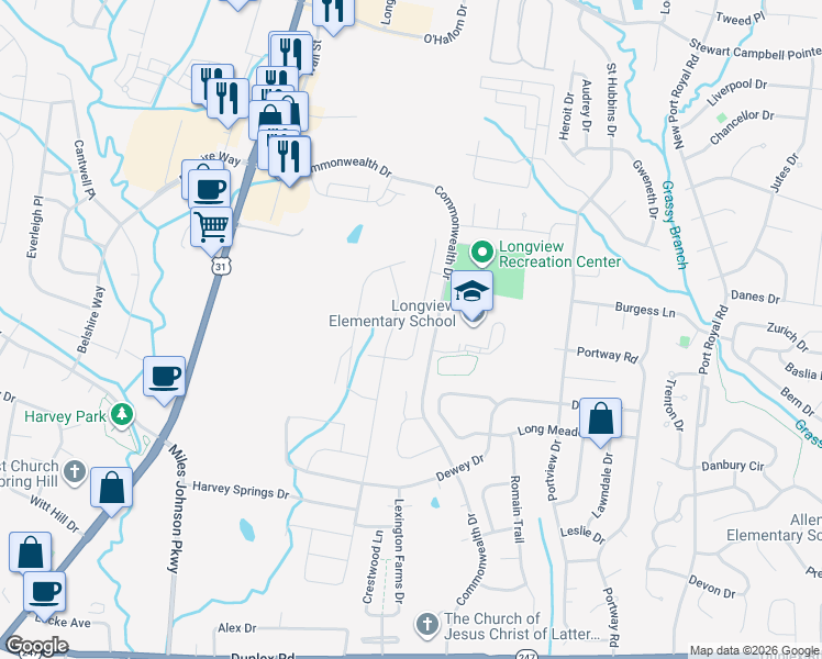 map of restaurants, bars, coffee shops, grocery stores, and more near 2096 Morton Drive in Spring Hill