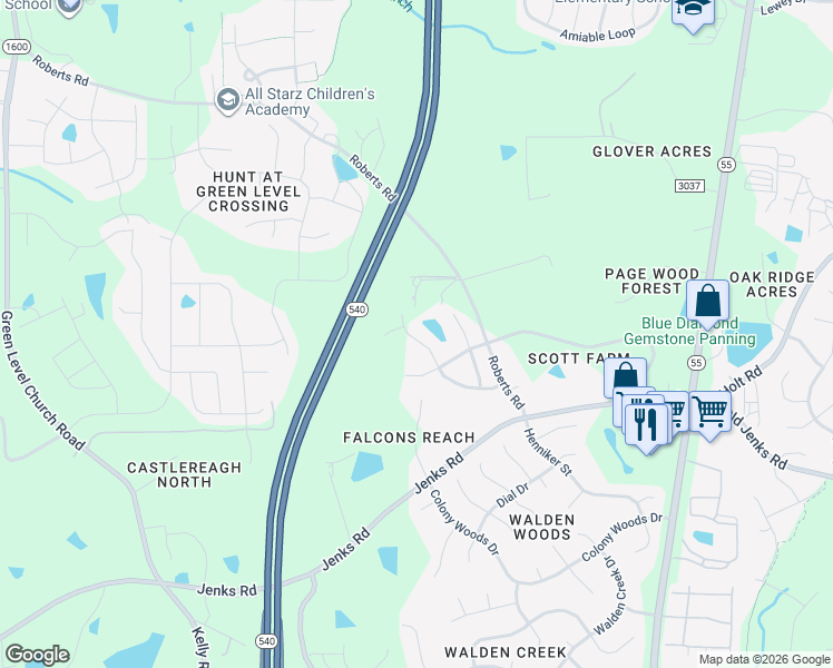 map of restaurants, bars, coffee shops, grocery stores, and more near 455 Autumn Rain Street in Cary
