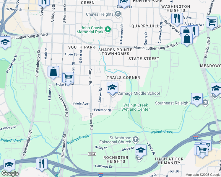map of restaurants, bars, coffee shops, grocery stores, and more near 1418 Carnage Drive in Raleigh