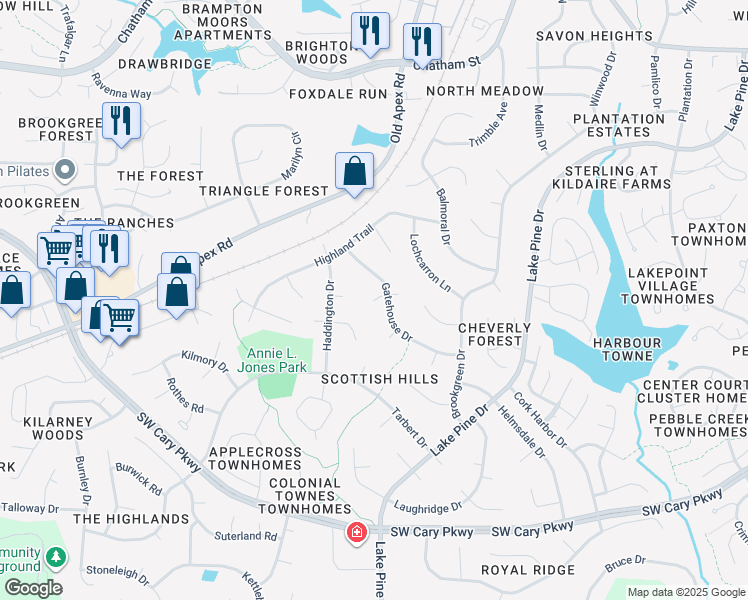 map of restaurants, bars, coffee shops, grocery stores, and more near 1222 Gifford Court in Cary