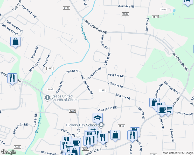 map of restaurants, bars, coffee shops, grocery stores, and more near 2447 25th Avenue Northeast in Hickory