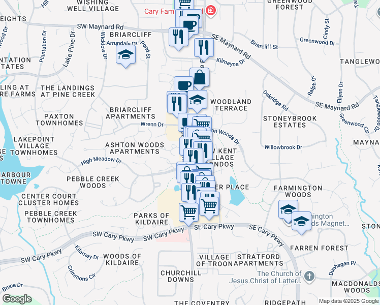 map of restaurants, bars, coffee shops, grocery stores, and more near 1231 Kildaire Farm Road in Cary