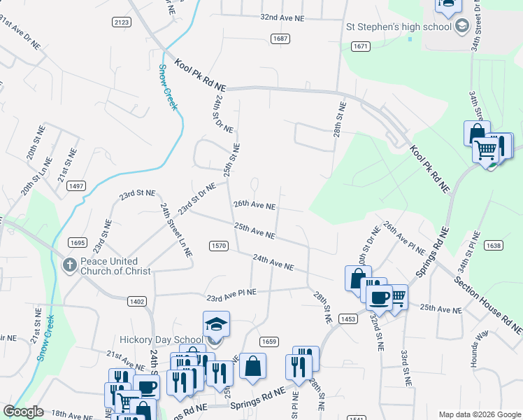 map of restaurants, bars, coffee shops, grocery stores, and more near 2612 26th Avenue Northeast in Hickory
