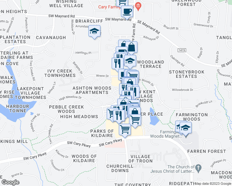 map of restaurants, bars, coffee shops, grocery stores, and more near 101 Charter Oaks Circle in Cary