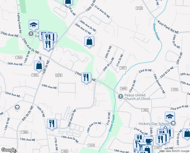 map of restaurants, bars, coffee shops, grocery stores, and more near 2603 20th Street Lane Northeast in Hickory