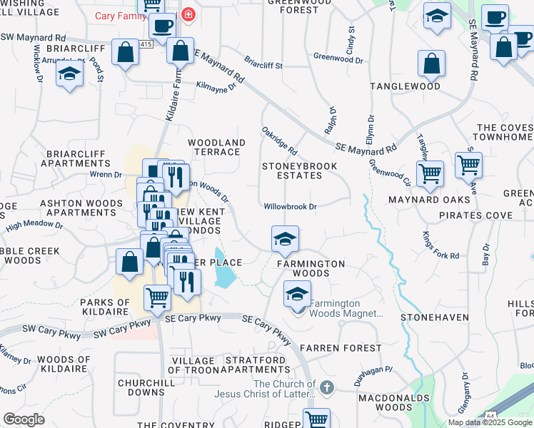 map of restaurants, bars, coffee shops, grocery stores, and more near 300 Willowbrook Drive in Cary