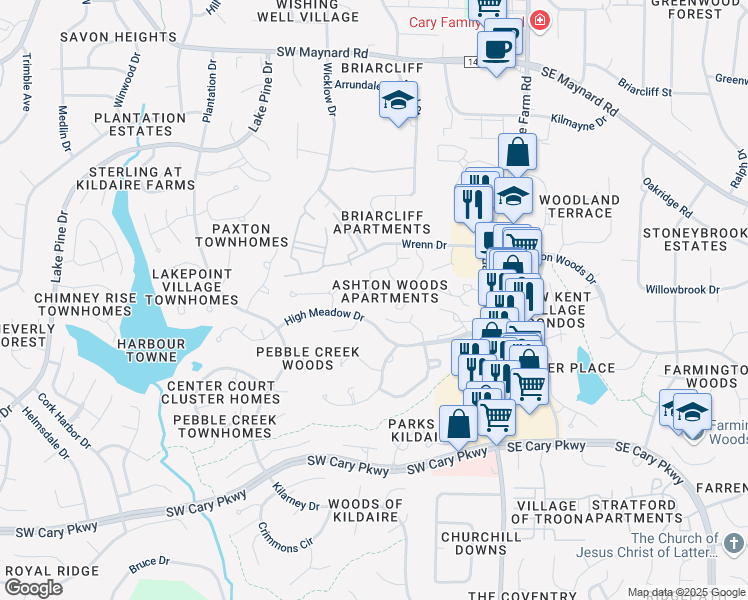 map of restaurants, bars, coffee shops, grocery stores, and more near 301 Dahlia Place in Cary